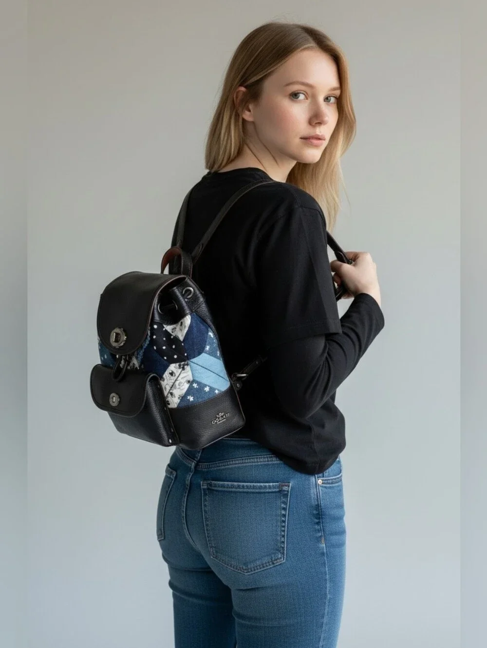 Rare Coach Black Leather & Blue Patchwork Mini Backpack